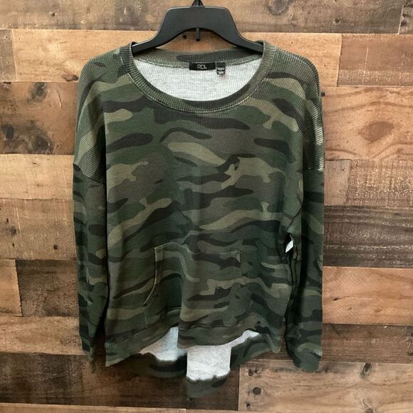 RDI Top Camouflage Crew Neck Green Black Kangaroo Front Pocket Women Small - Picture 9 of 9
